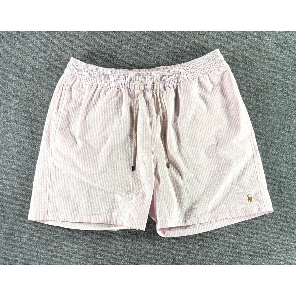 Polo Ralph Lauren Mens Pink Seersucker Swim Trunks XXL Striped Board Shorts